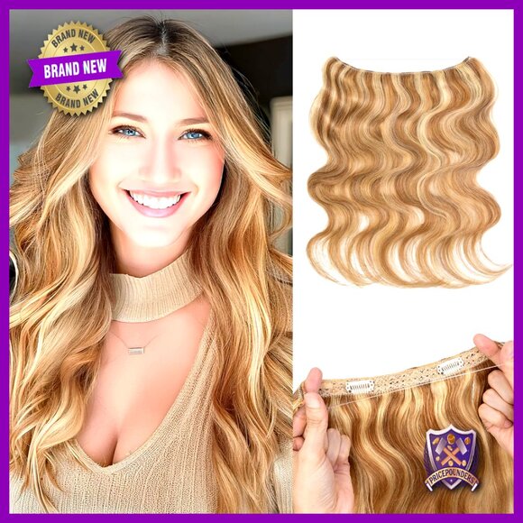 Real Human Hair Halo Extensions, 12 Inch Wavy, Adjustable Invisible Wire